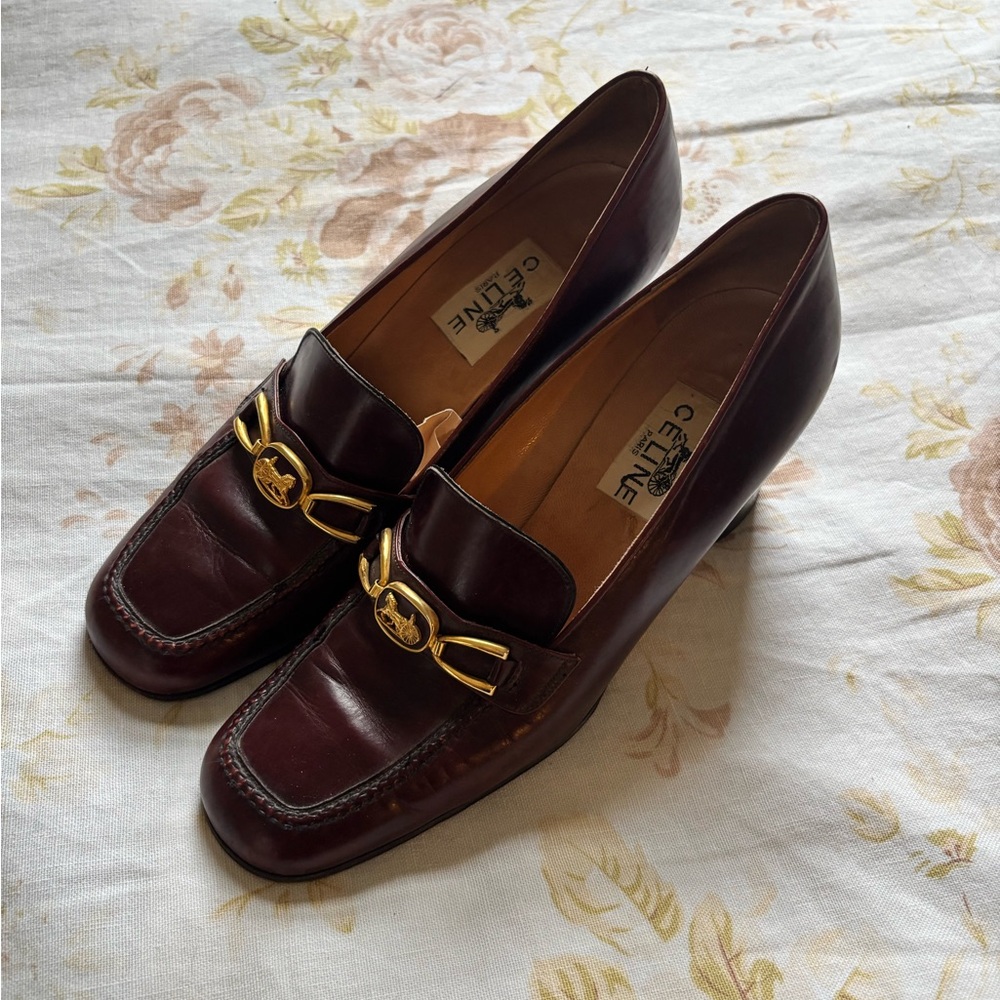 Celine Paris Women's Brown Leather Gold-Detail Heeled Loafers/Pumps